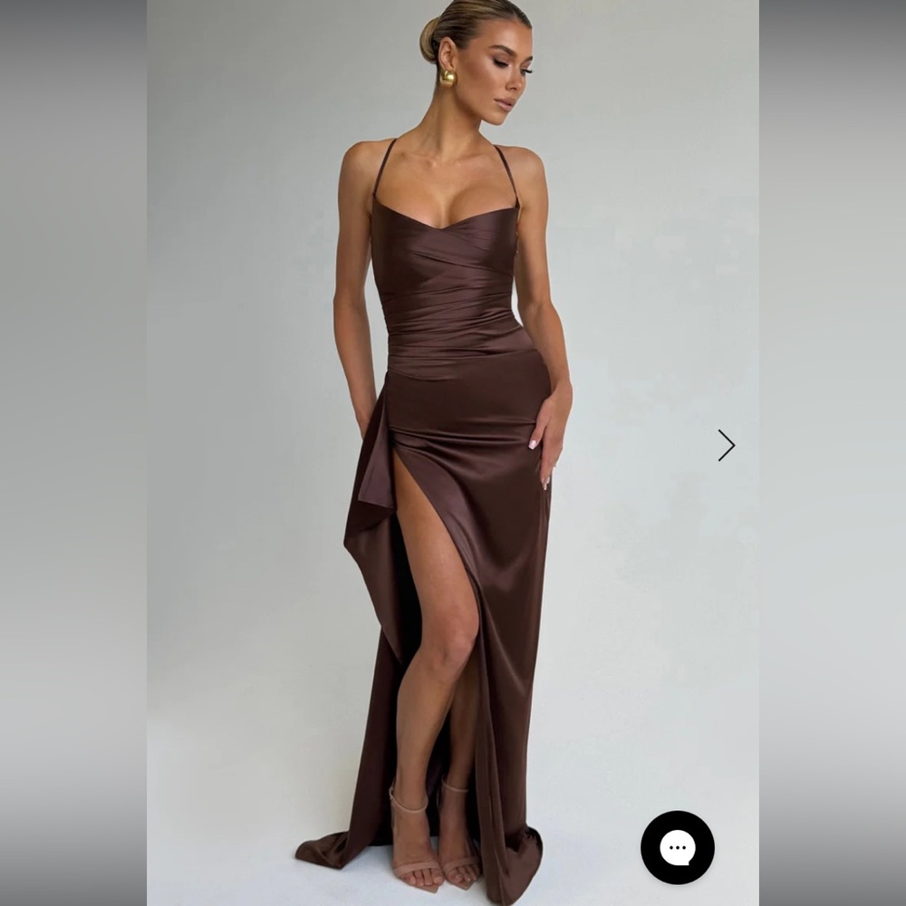 BabyBoo Satin Chocolate Brown Maxi Dress with Thigh Slit and Ruffle